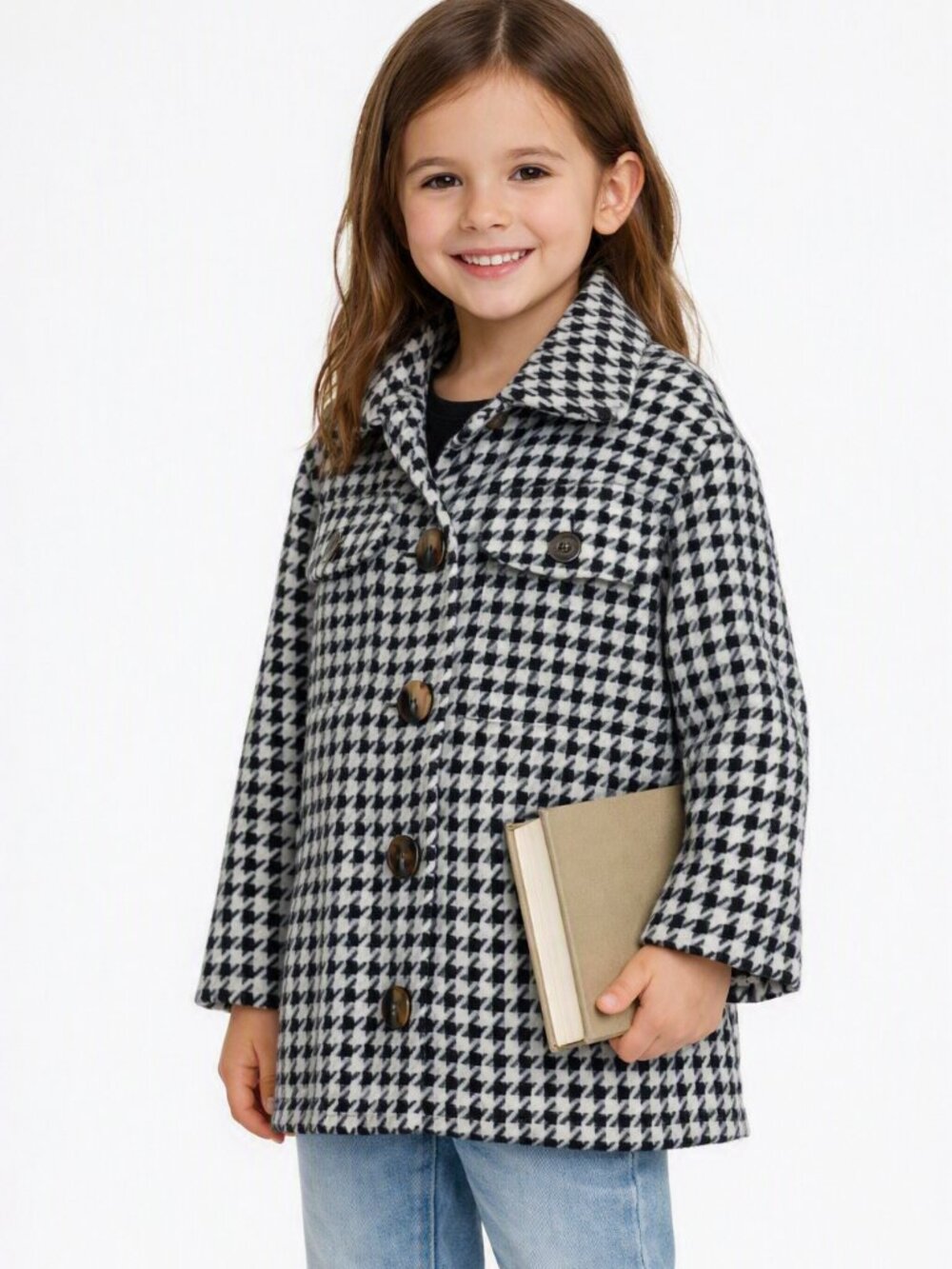 Girls Houndstooth Button Down Tweed Jacket Black White Size 7